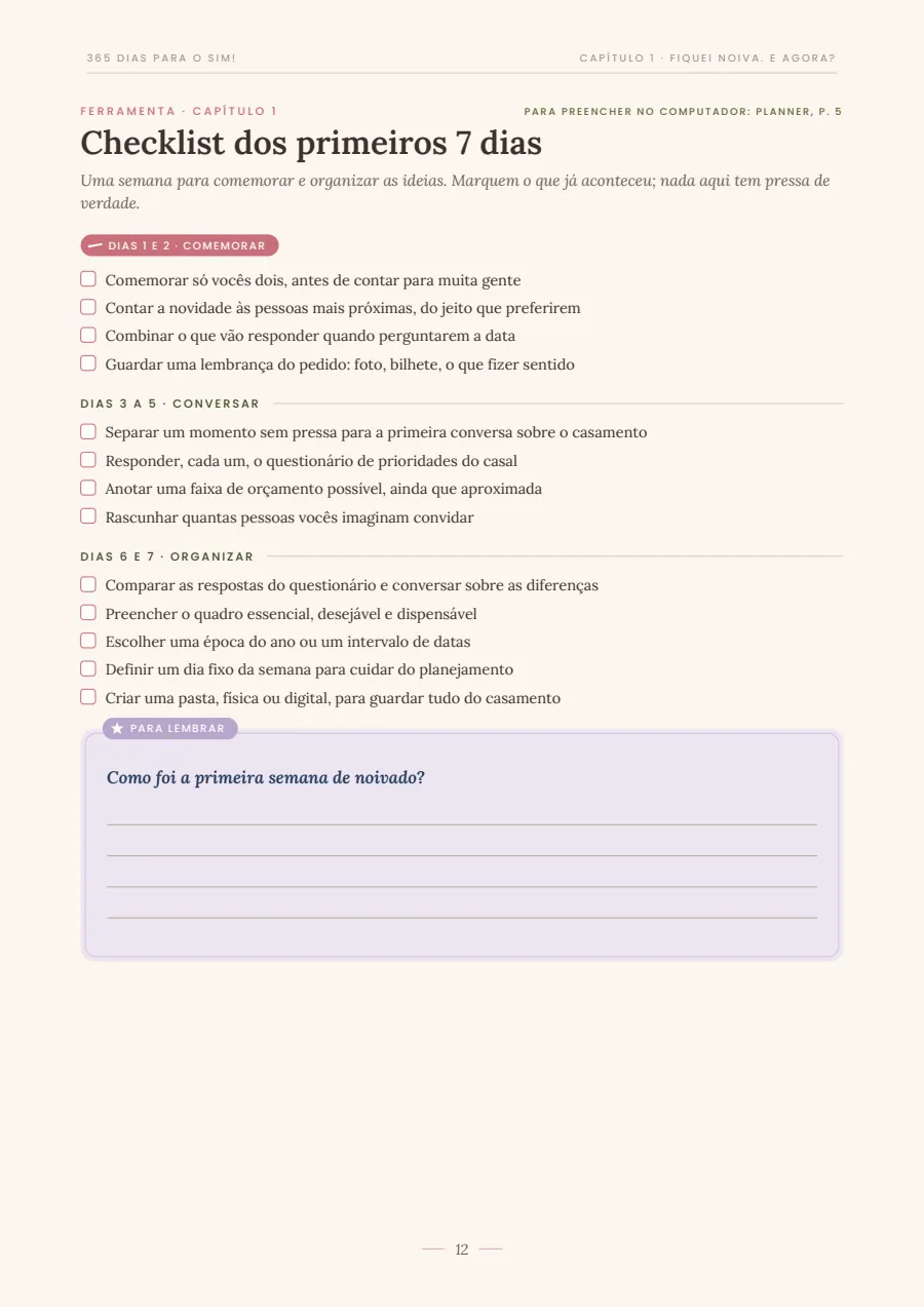 Página do e-book: Checklist dos primeiros 7 dias