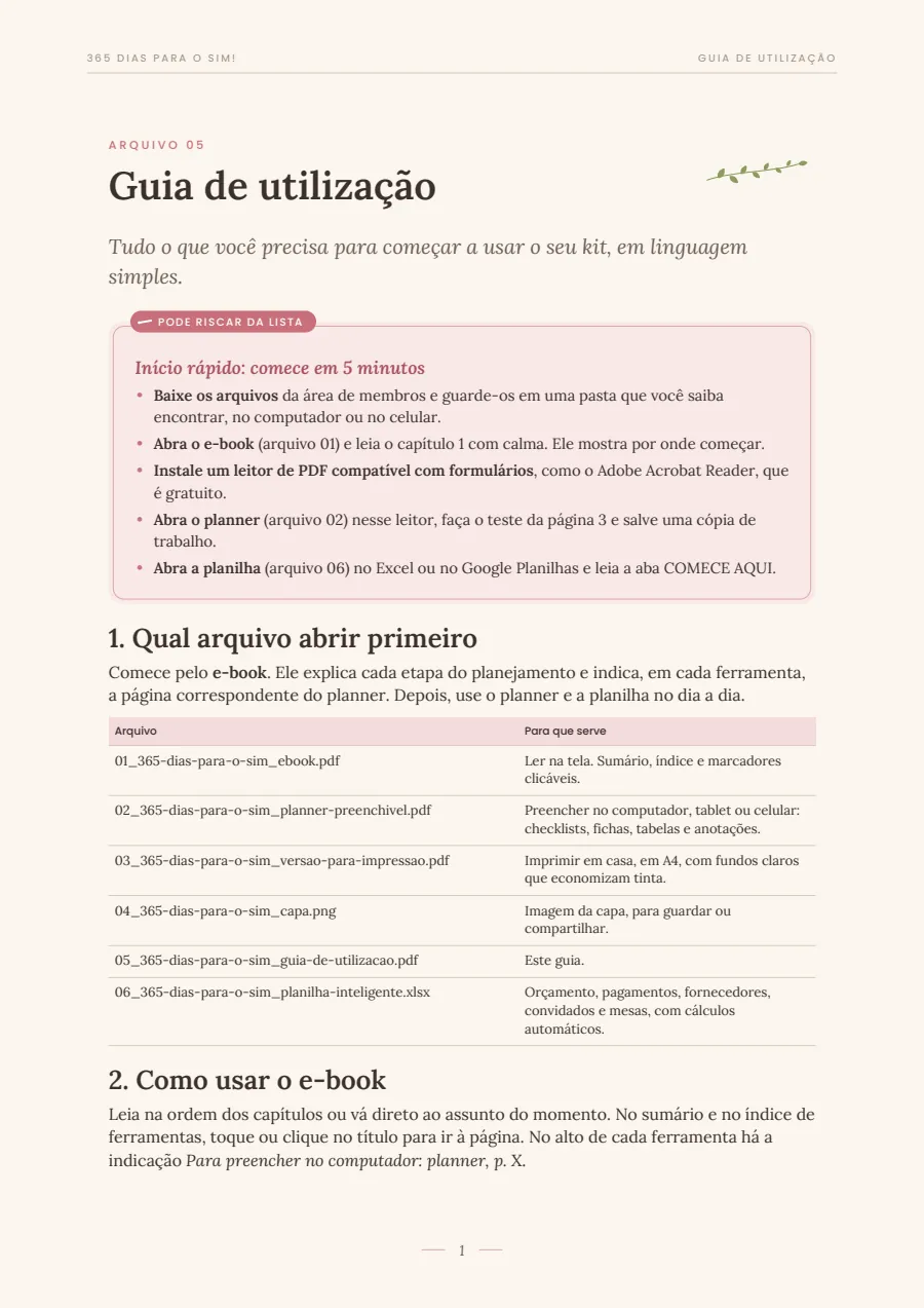 Primeira página do guia de utilização