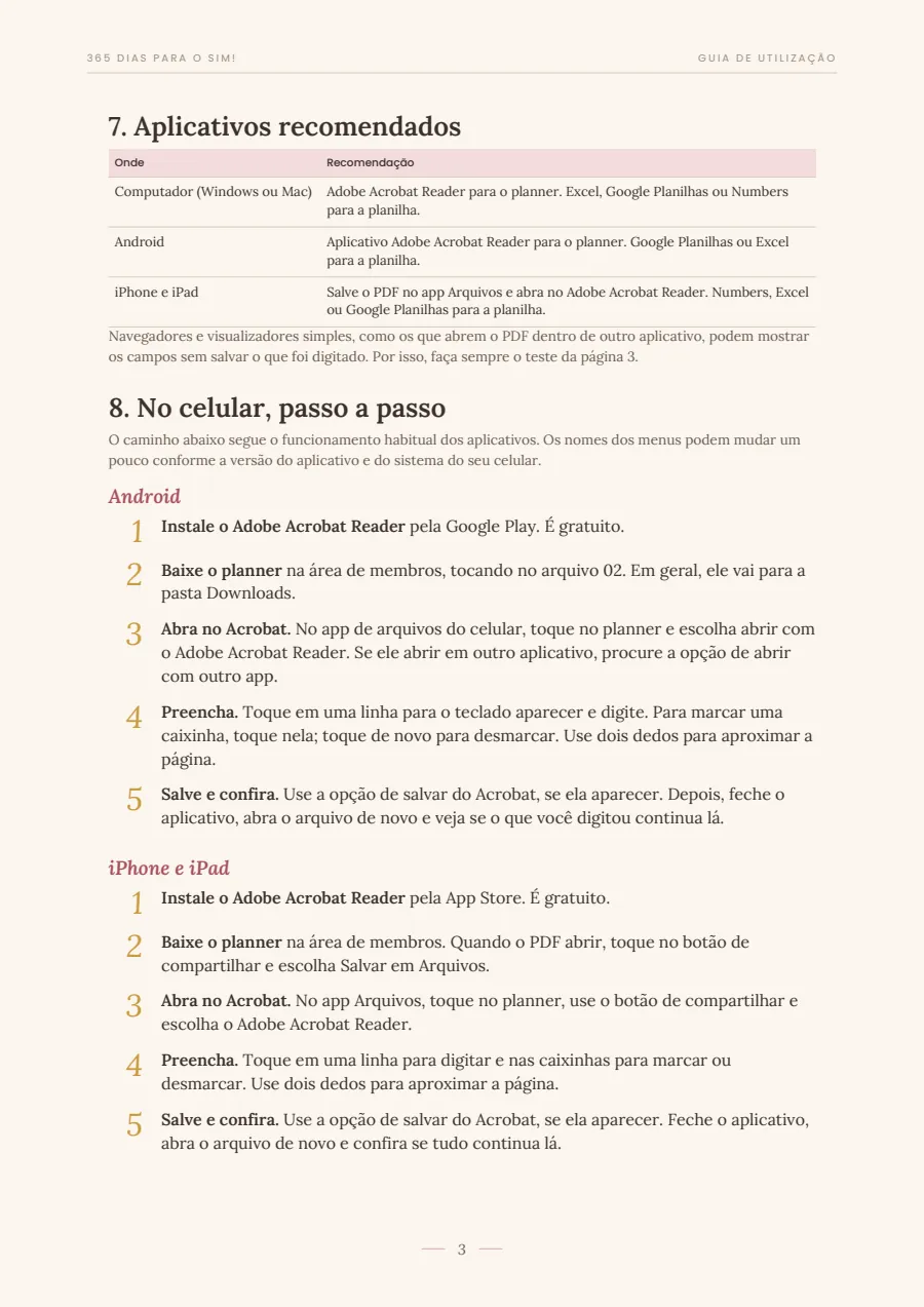 Página do guia com aplicativos recomendados e passo a passo no celular